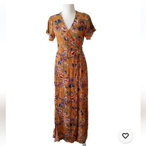 Patrons Of Peace Faux Wrap Maxi Dress Mustard Yellow Floral Gypsy Fairy Small